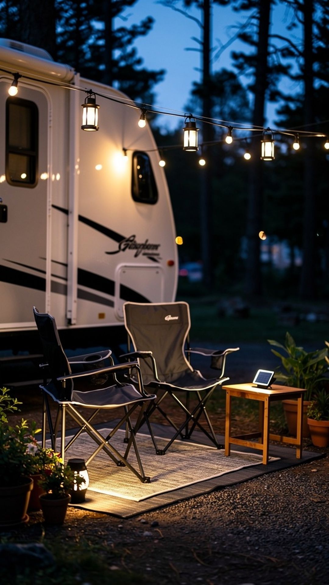 Solar lanterns and decorative lights on RV patio