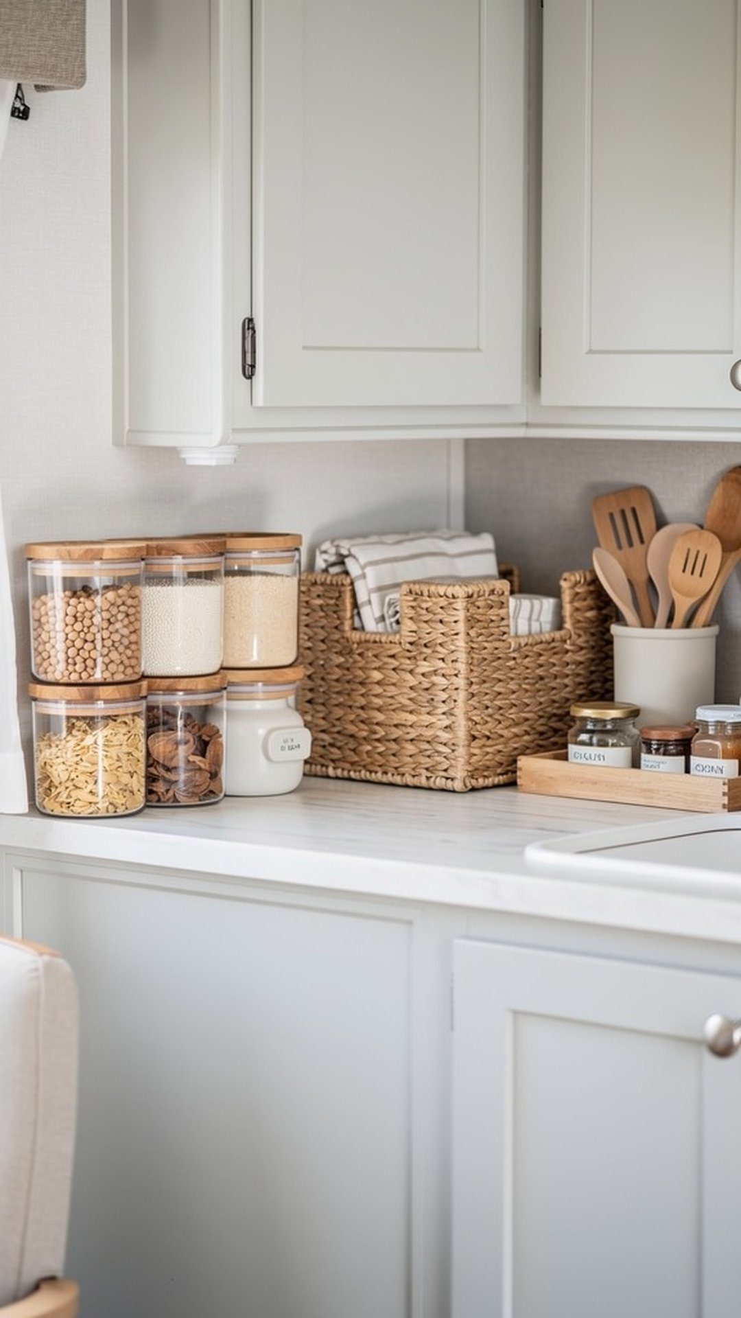RV kitchen with decorative storage baskets and containers