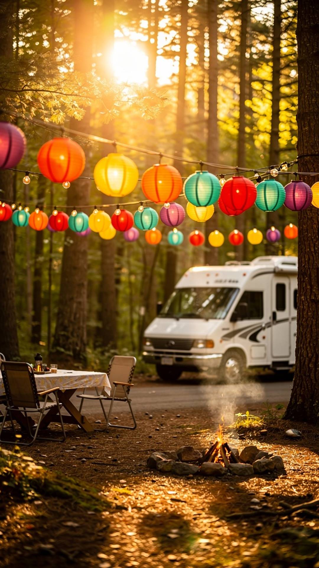 String lights and lanterns at RV campsite