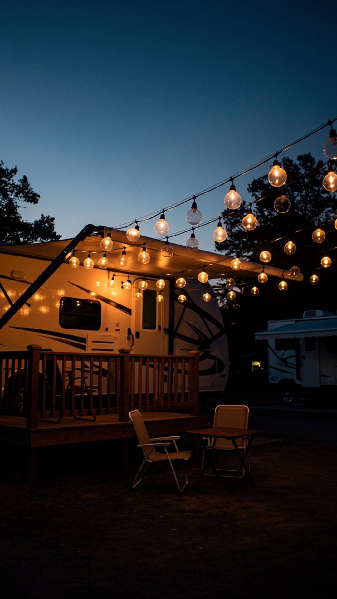 String lights illuminating RV porch at dusk