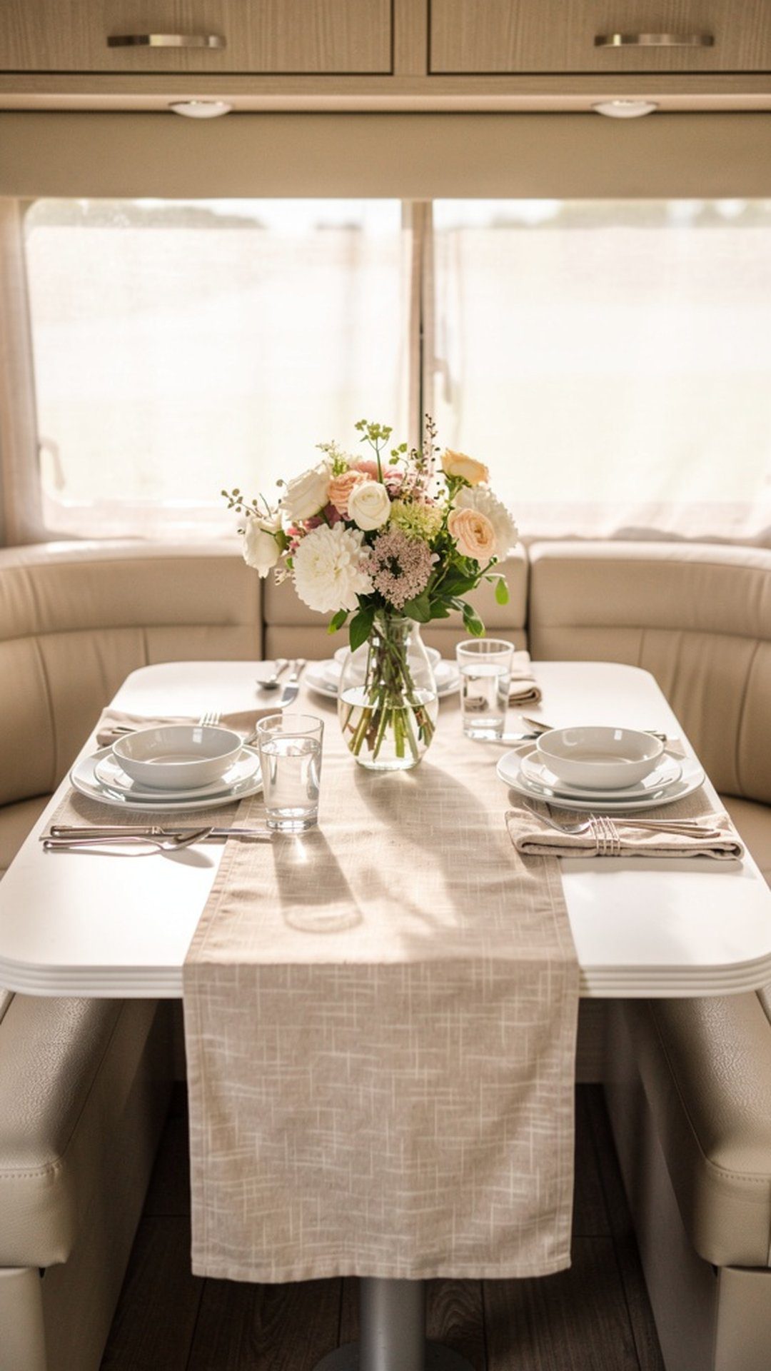 RV dinette table with elegant table runner and centerpiece