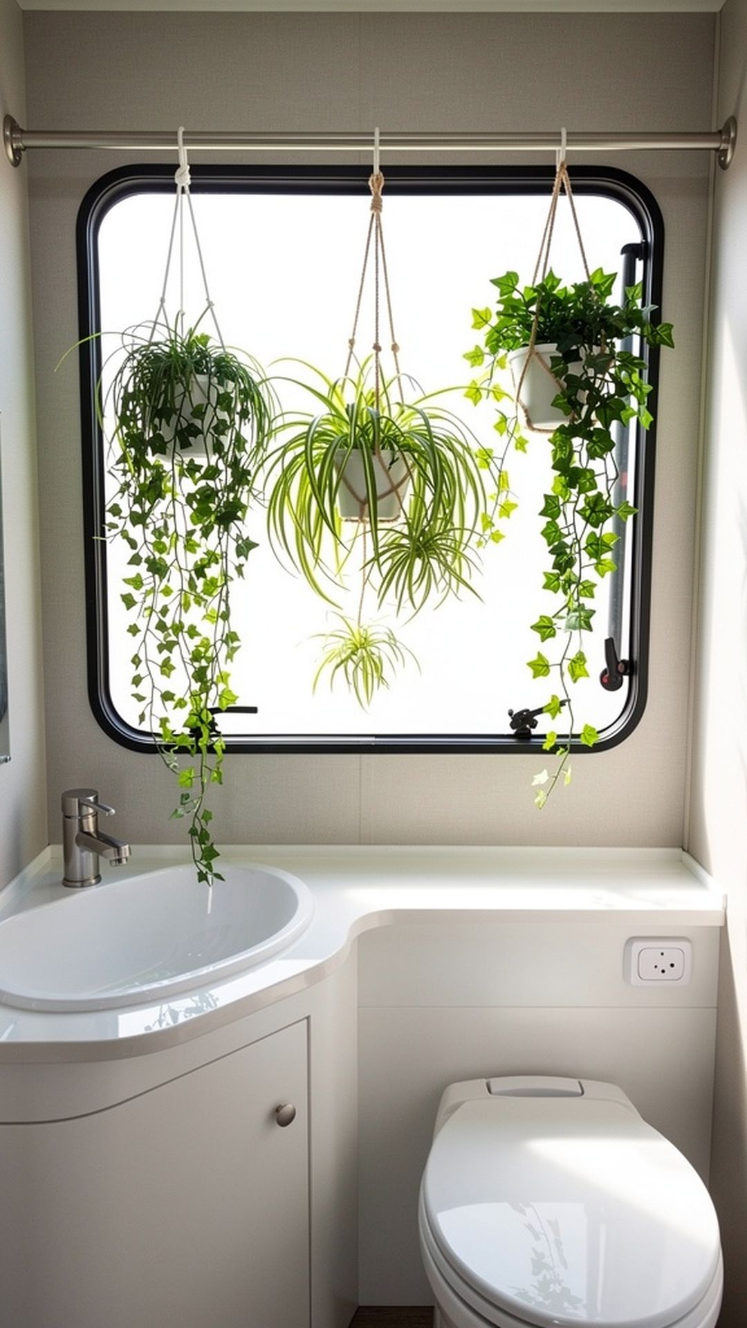 Hanging plants on tension rod in RV bathroom