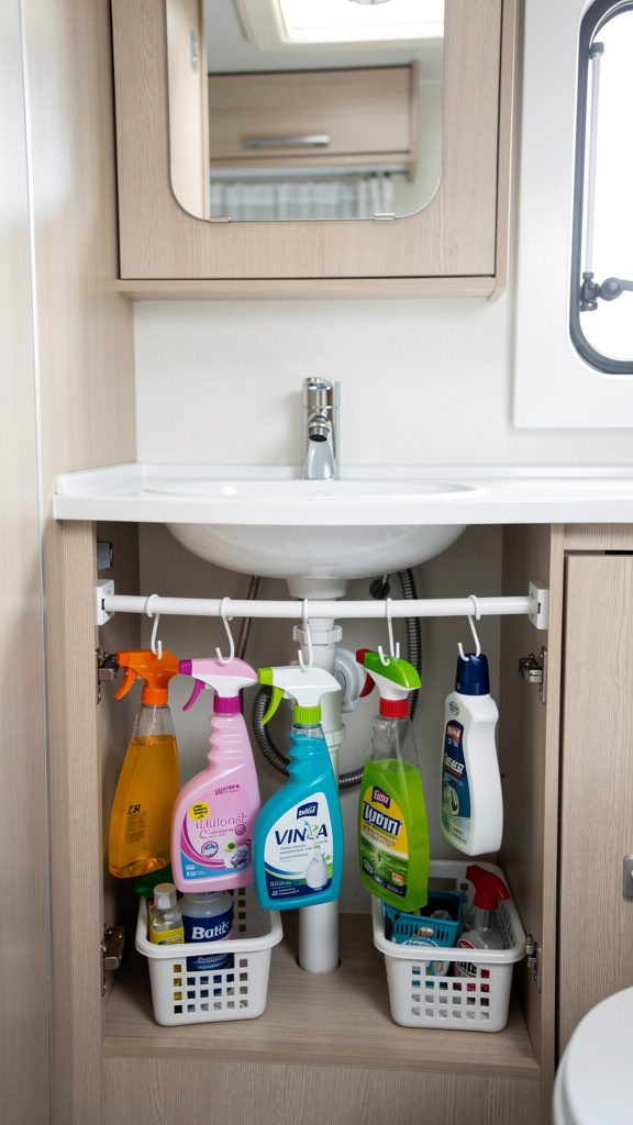 RV bathroom with tension rod under sink