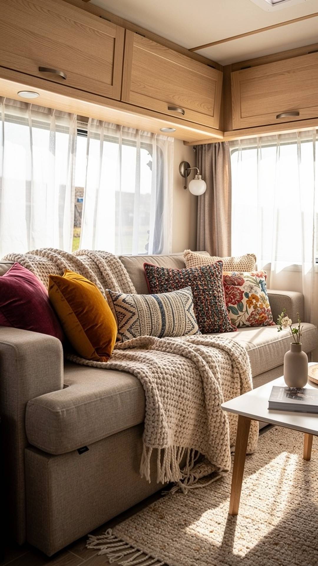 Cozy RV interior with colorful throw pillows and blankets