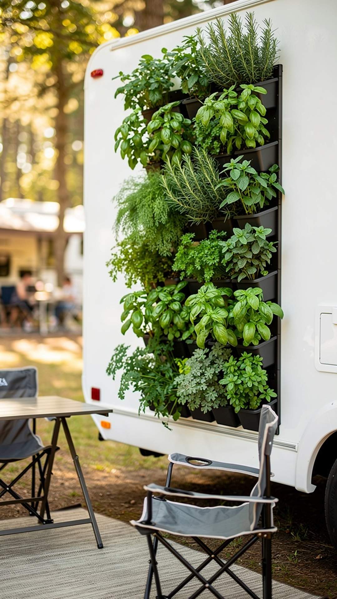 Vertical herb garden on RV exterior wall