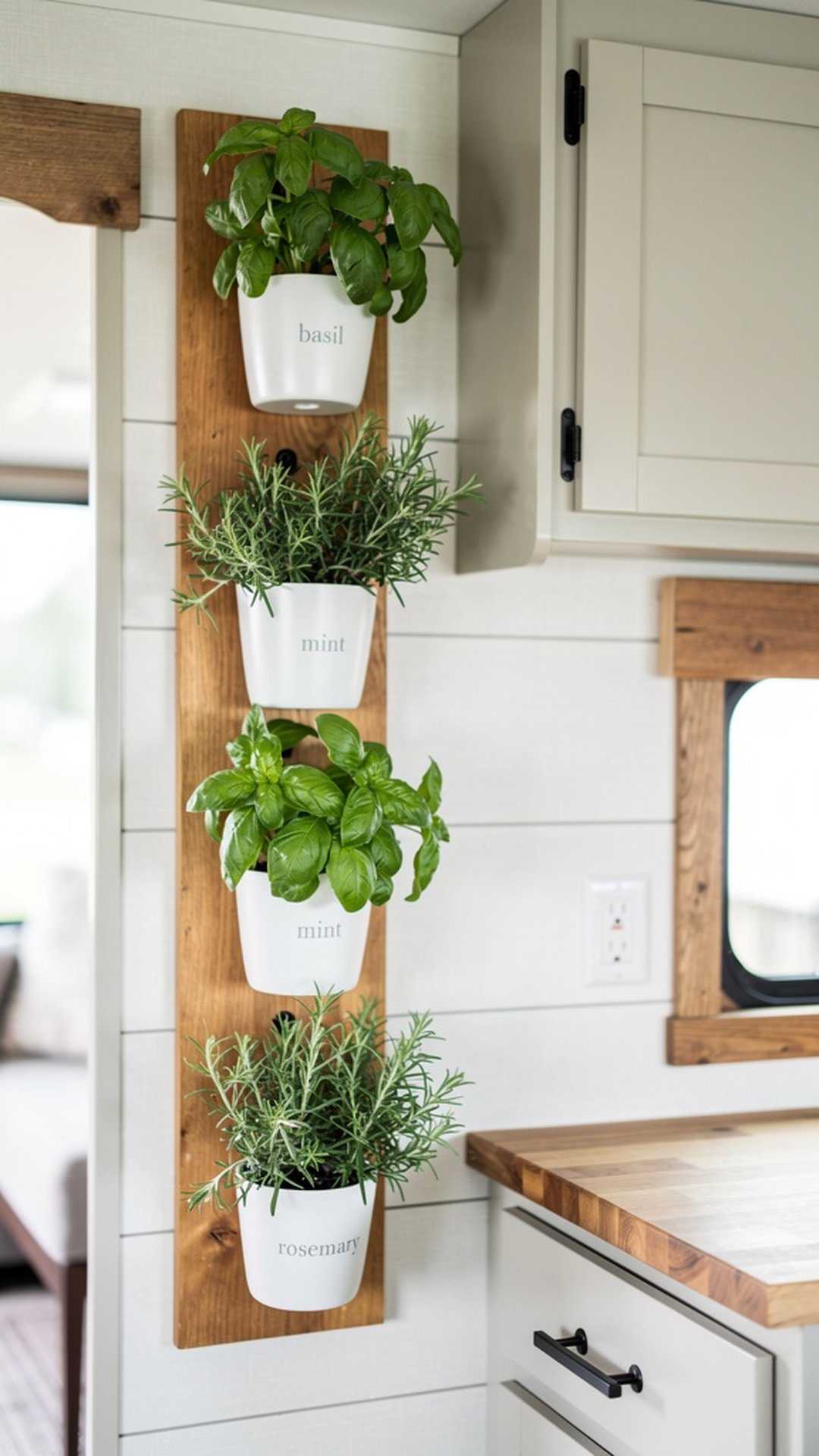 Vertical herb garden on RV kitchen wall