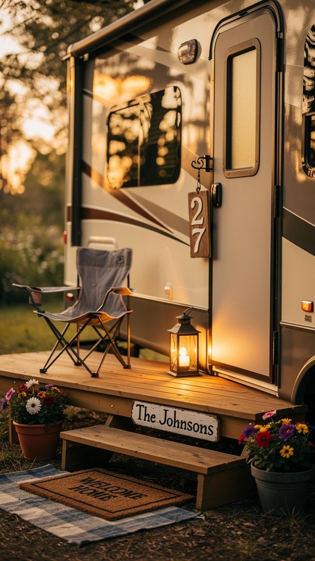 Personalized welcome mat at RV entrance
