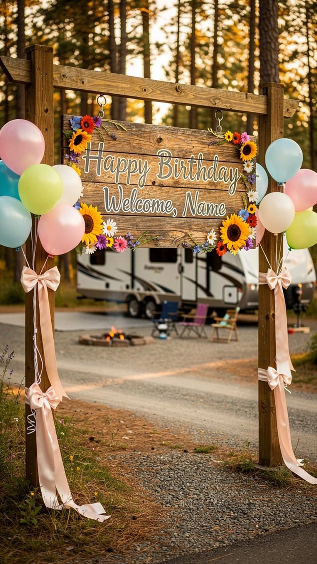 Birthday welcome sign at RV campsite entrance