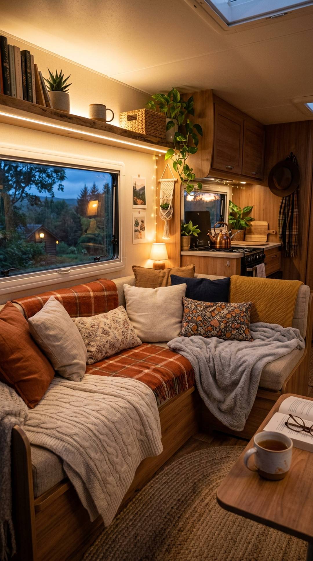 Cozy RV interior with throw pillows and blankets