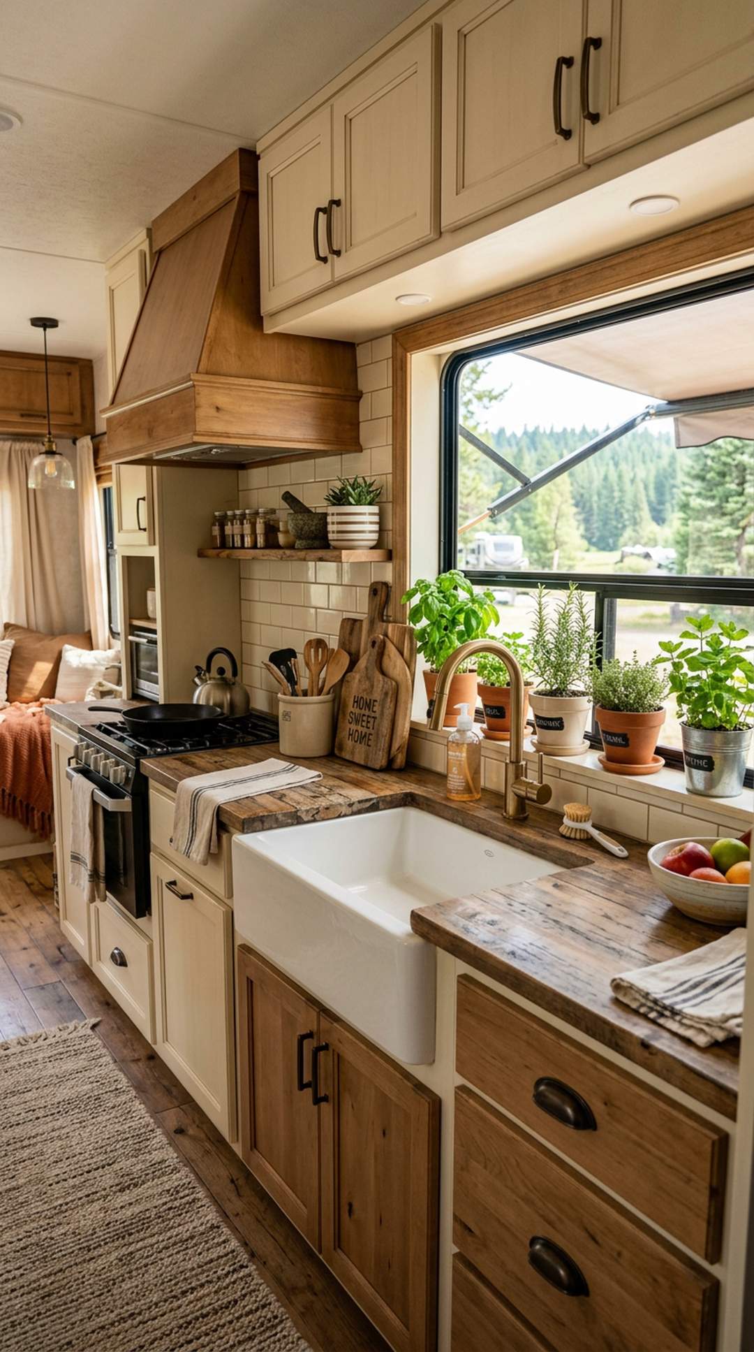 RV kitchen with functional decorative items
