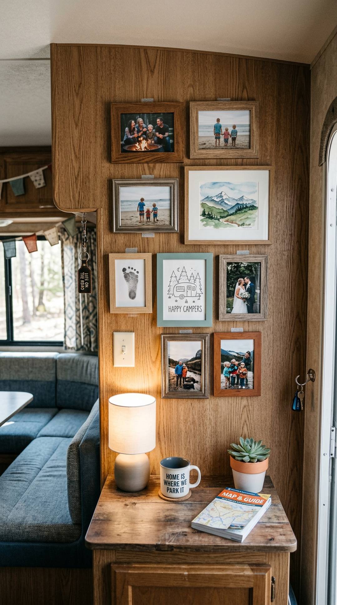 RV wall with framed photos and artwork