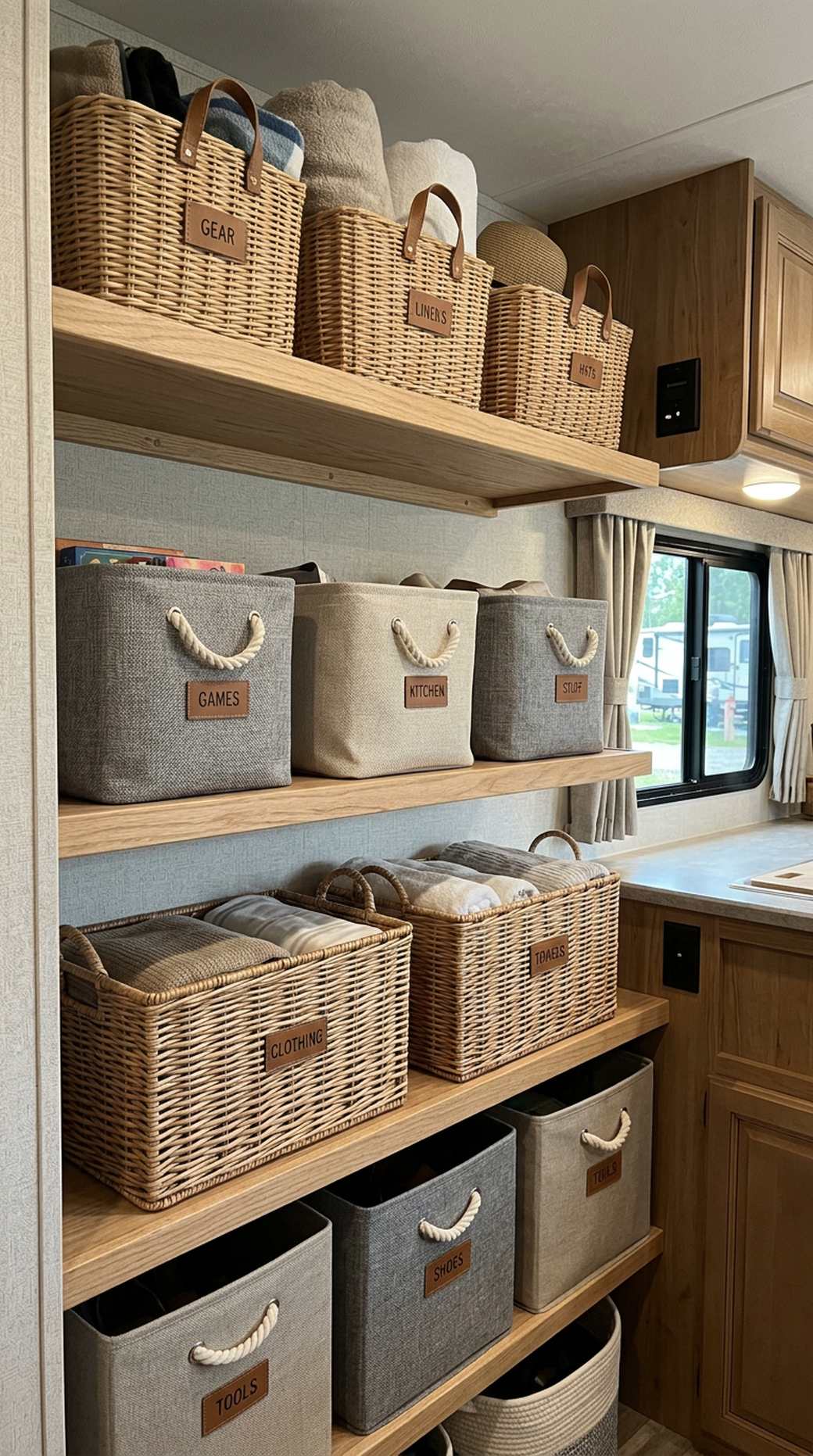 Organized RV storage with decorative baskets
