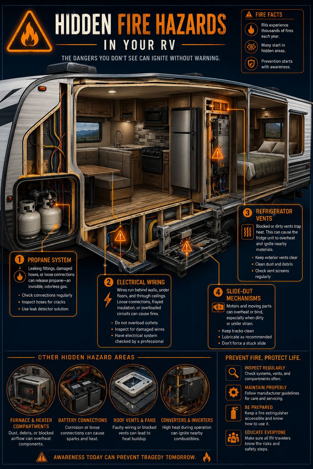 Portrait/Pinterest format () editorial illustration showing a cross-section cutaway diagram of an RV interior highlighting