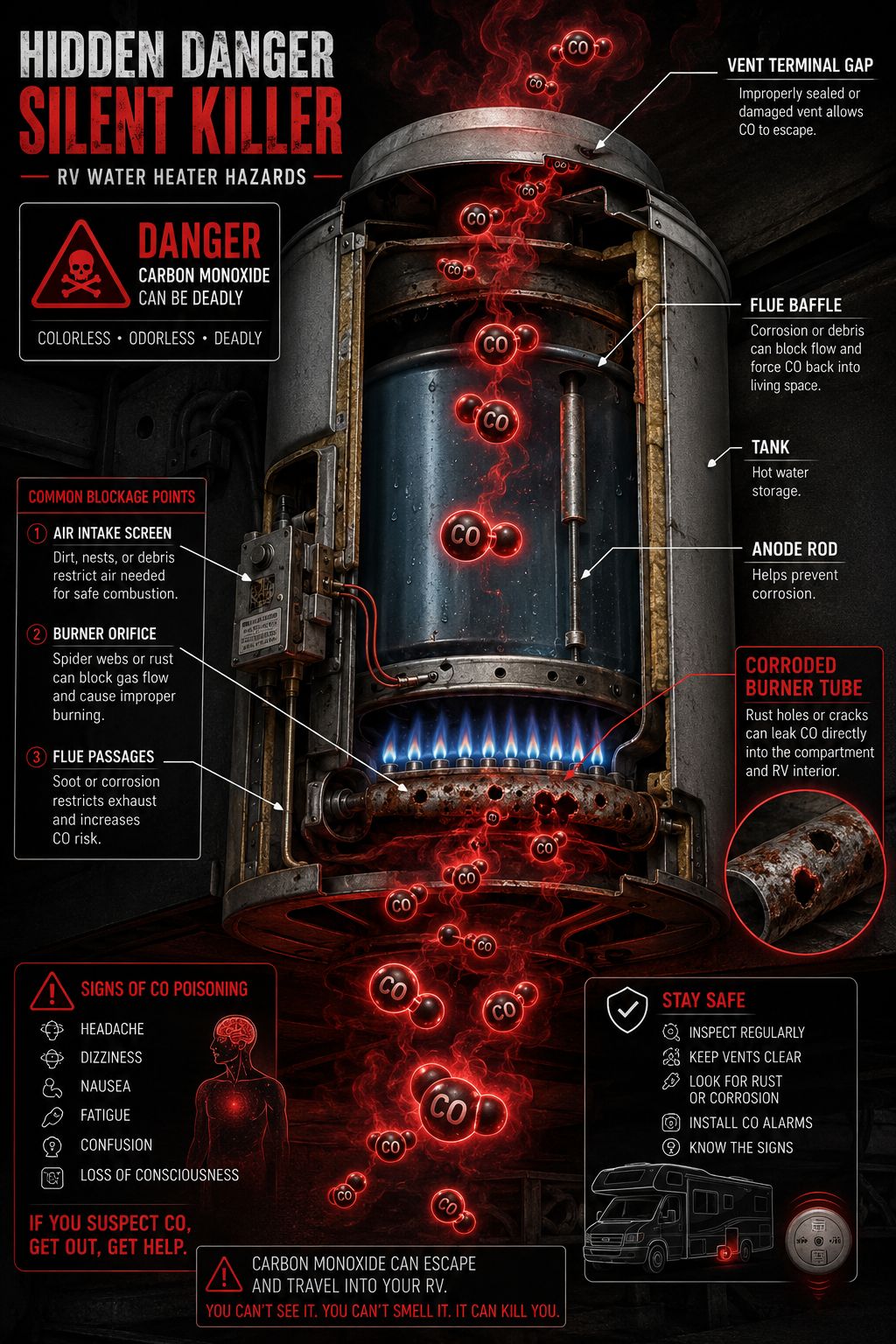 Portrait/Pinterest format () editorial illustration showing a cross-section diagram of an RV propane water heater with