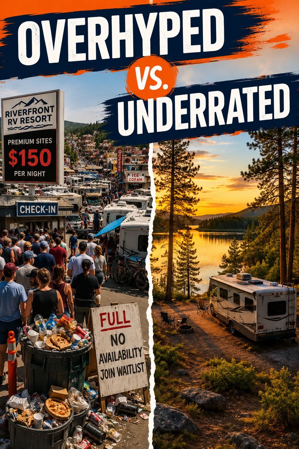 Portrait/Pinterest format () editorial illustration showing a split-scene comparison: left side depicts a massive crowded RV