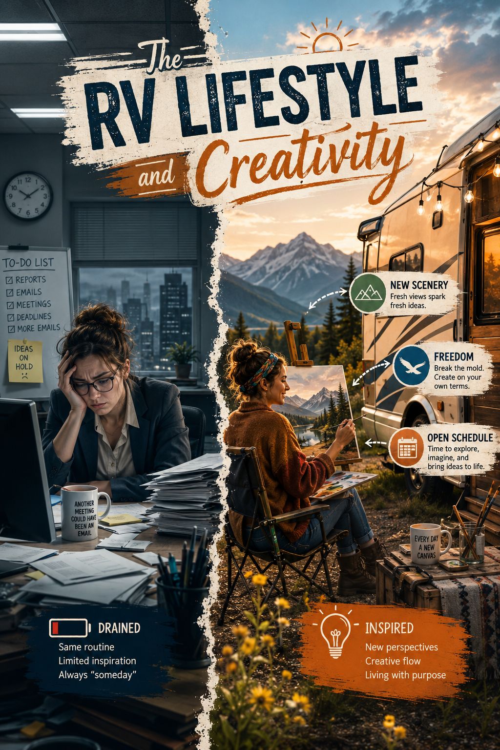 Portrait/Pinterest format () editorial illustration showing a split-scene composition: on the left, a busy urban office