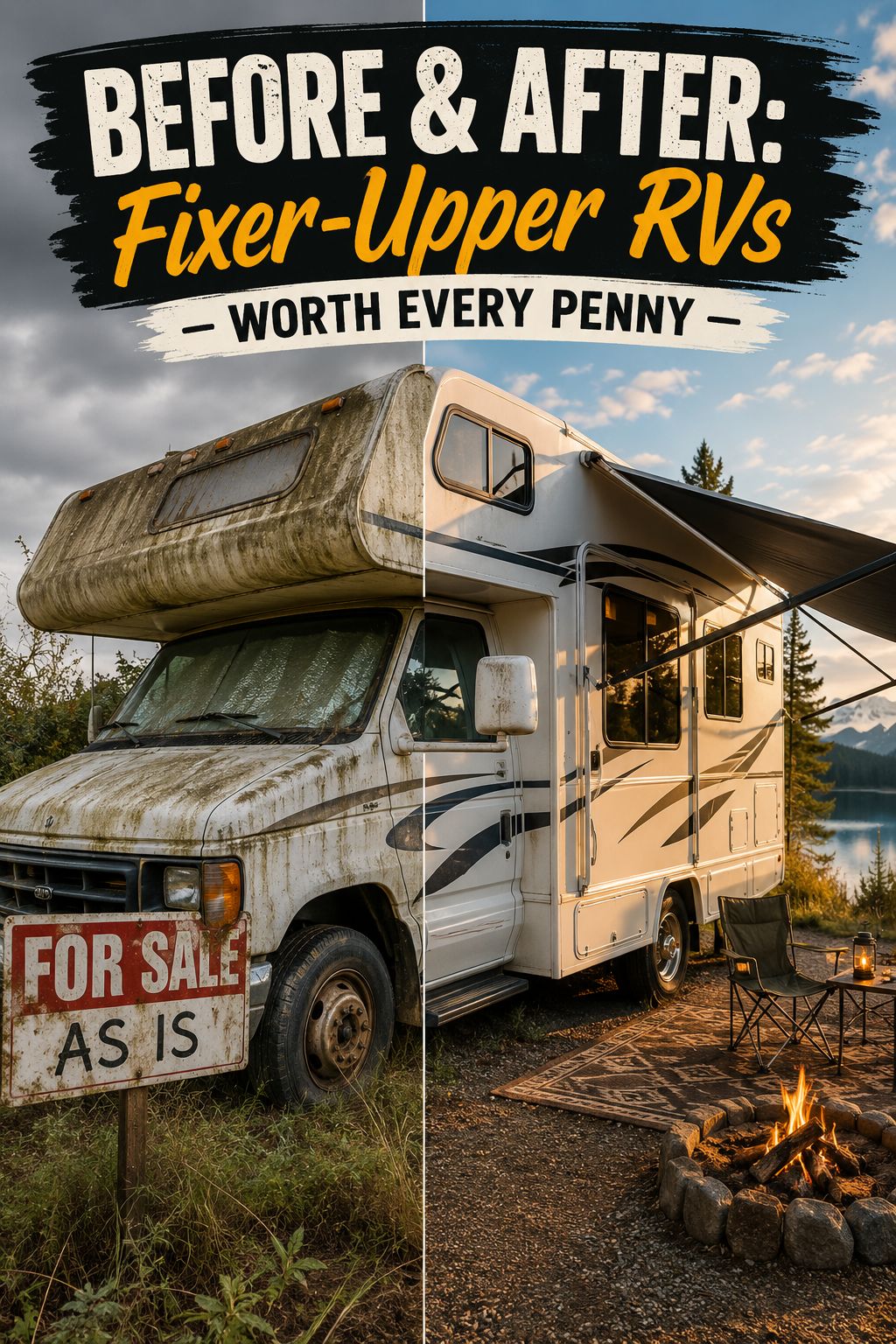 Portrait/Pinterest format () editorial image showing a close-up split-scene: left side depicts a neglected Class C motorhome