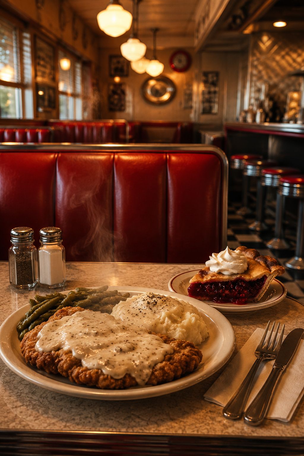 Portrait/Pinterest format () image showing a cozy diner booth interior with red vinyl seats, a laminate tabletop holding a