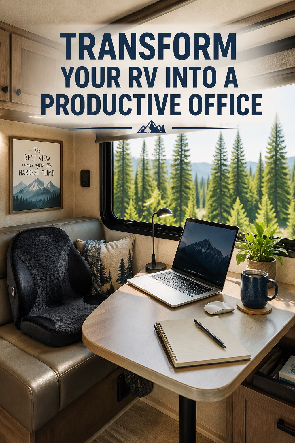 Portrait/Pinterest format () showing a bright RV dinette transformed into a productive workspace: laptop on table, ergonomic