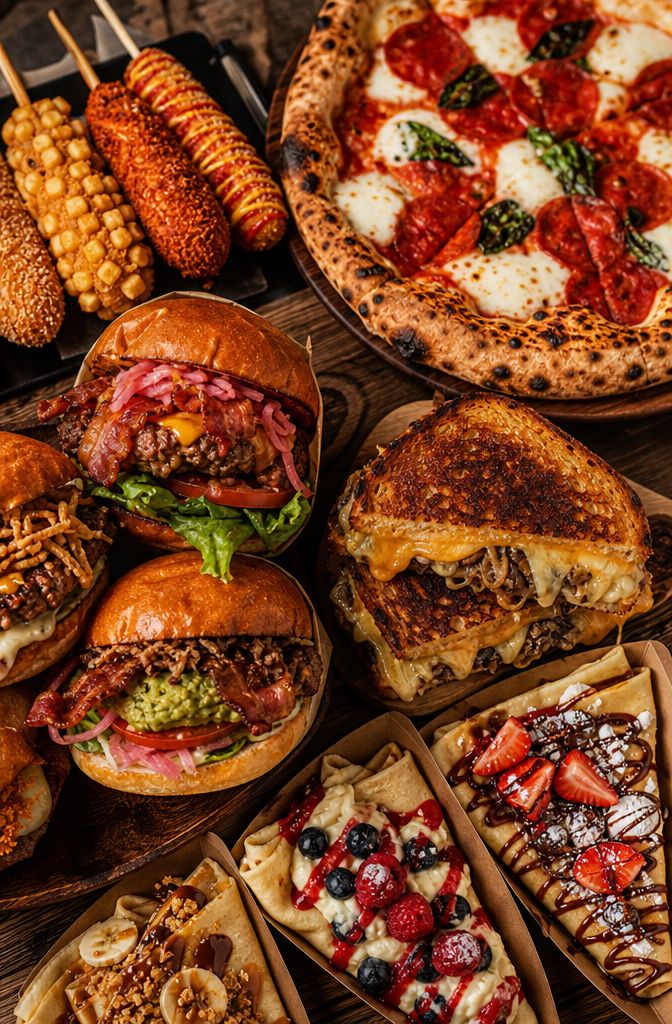 Portrait/Pinterest format () showing a close-up overhead flat-lay of diverse gourmet street food dishes arranged on a rustic