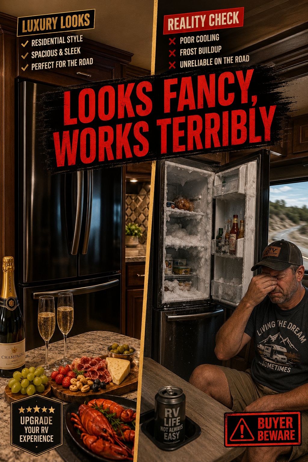 Portrait/Pinterest format () showing a split-scene comparison: left side features a glossy RV brochure photo of a 'luxury'