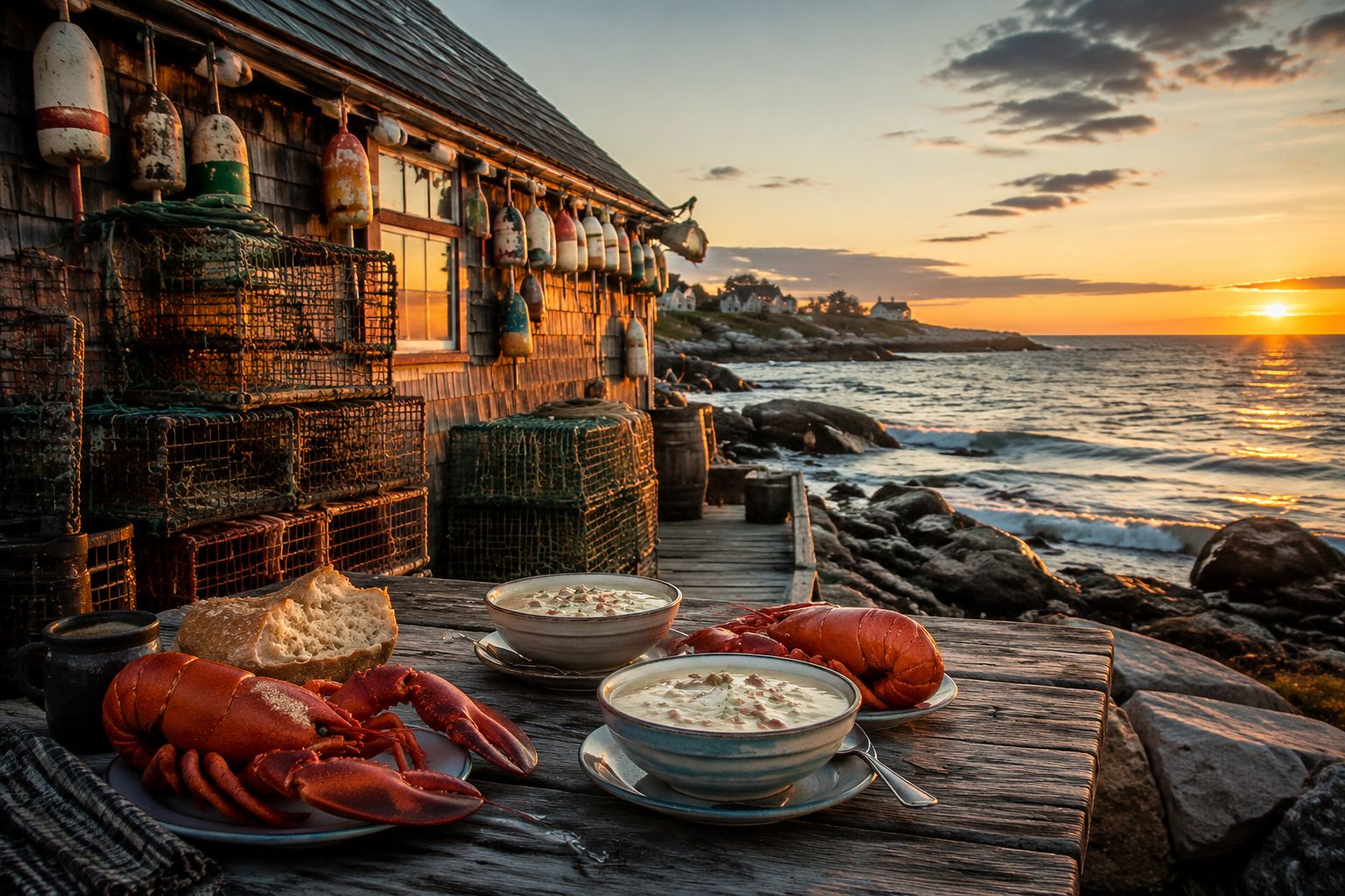 Professional () hero image of a charming weathered wooden seafood shack on the New England coastline at golden hour, lobster