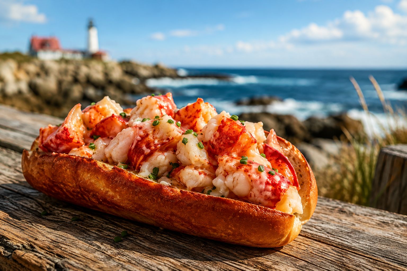 Professional () hero image of a classic New England-style buttered toasted hot dog bun overflowing with fresh chunks of