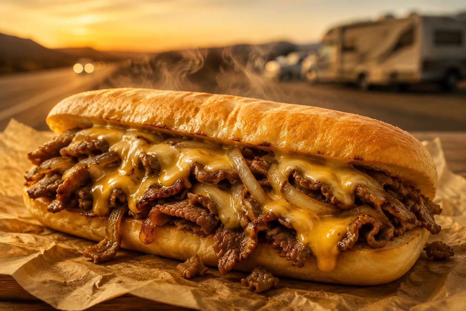 Professional () hero image of a perfectly crafted Philadelphia cheesesteak sandwich overflowing with thinly sliced ribeye