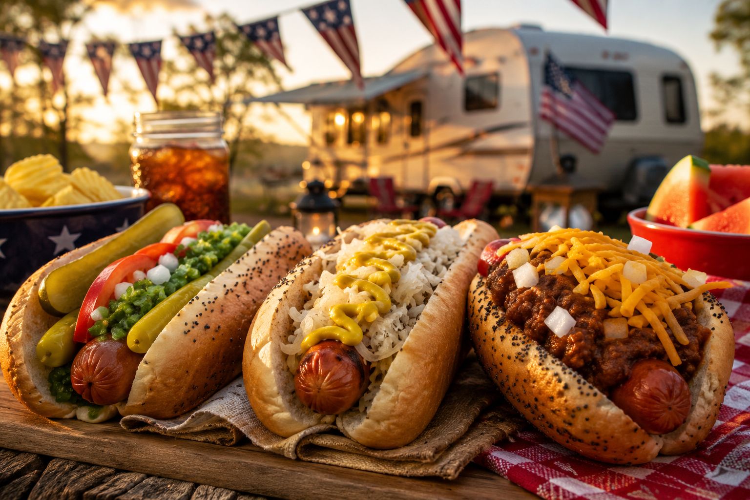 Professional () hero image showing a close-up spread of iconic American hot dogs in various regional styles — Chicago-style