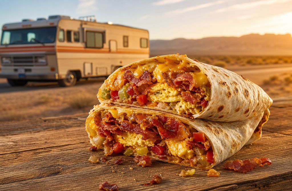 Professional () hero image showing a massive, overstuffed breakfast burrito sliced in half on a rustic wooden board,