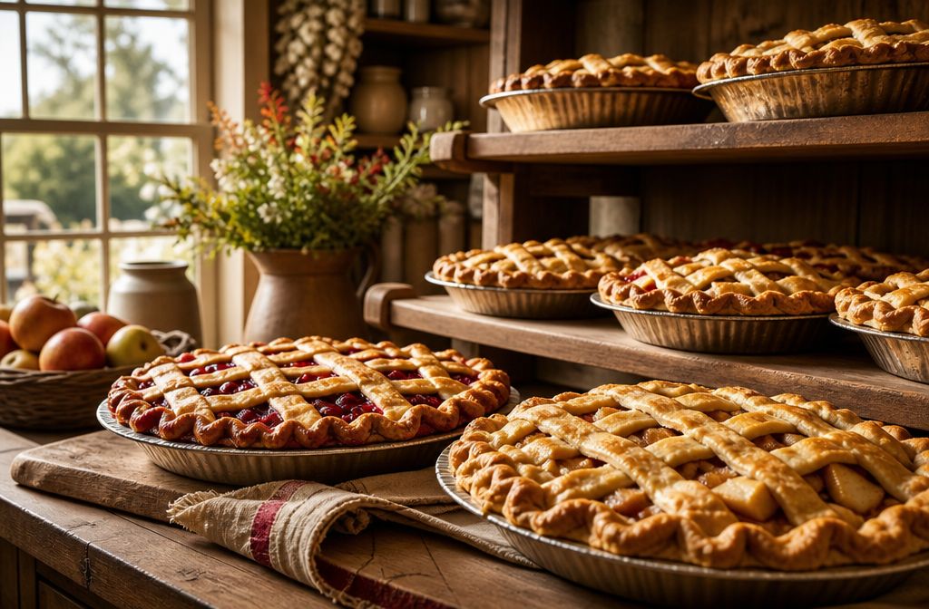 Professional () hero image showing a rustic American pie shop counter with golden-crusted lattice pies cooling on wooden