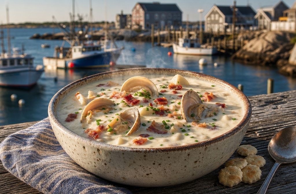 Professional () hero image showing a rustic ceramic bowl overflowing with thick, creamy New England clam chowder, garnished