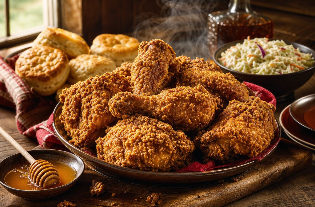 Professional () hero image showing a rustic wooden table with a massive platter of golden-brown crispy fried chicken pieces,
