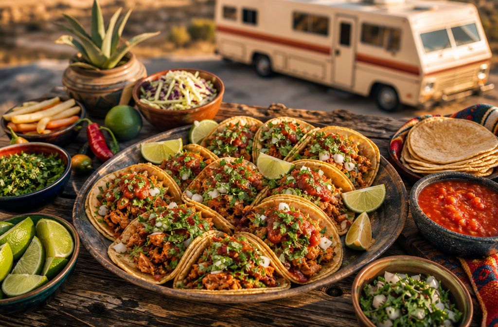 Professional () hero image showing a vibrant spread of authentic American tacos on a rustic wooden table, featuring colorful