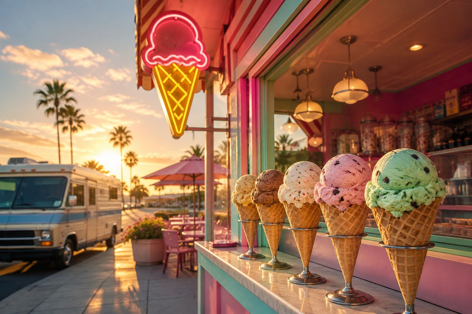 Professional () hero image showing a vibrant, sun-drenched American ice cream parlor storefront with a vintage neon sign,