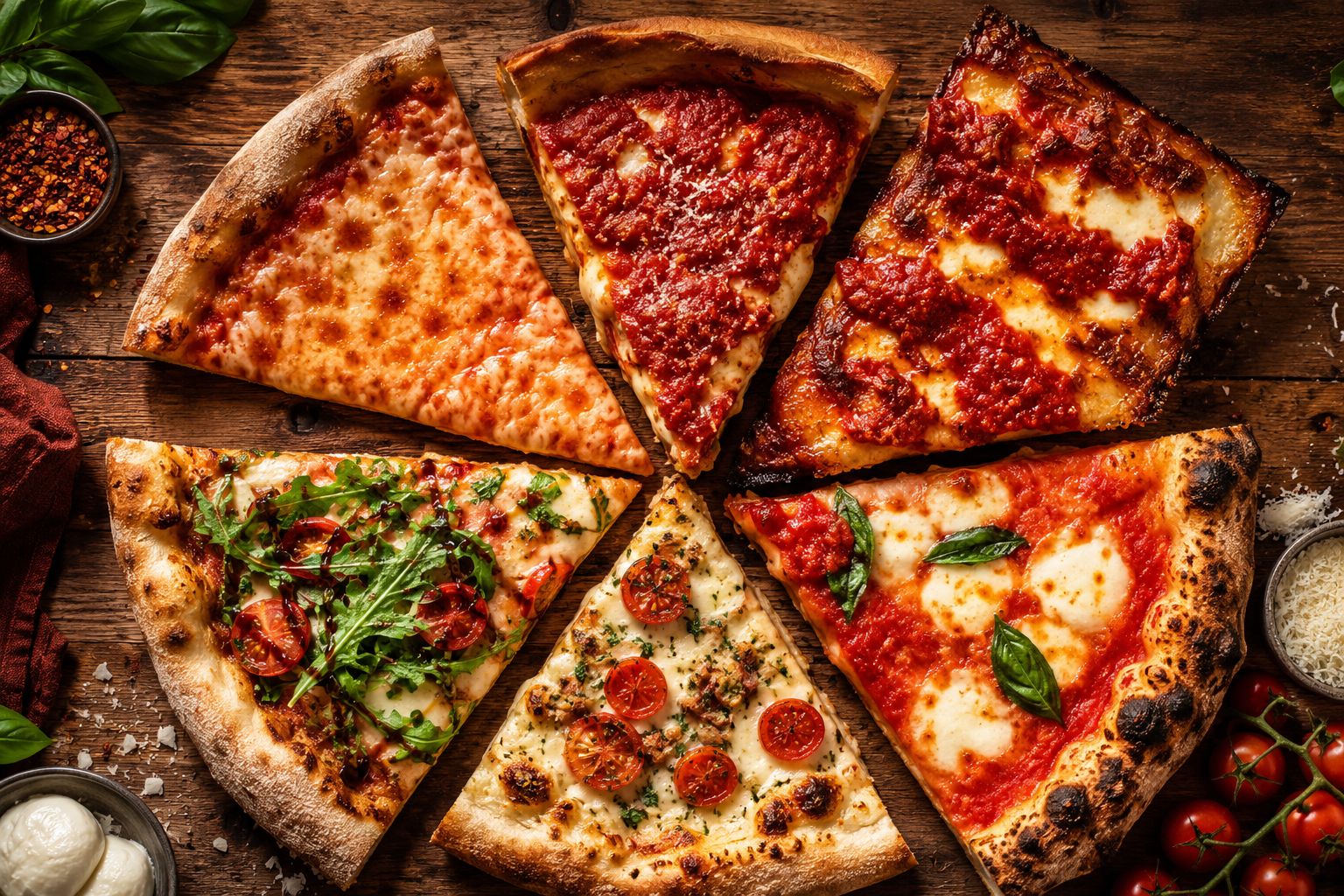 Professional () hero image showing an overhead flat-lay of six different iconic American pizza slices arranged in a fan