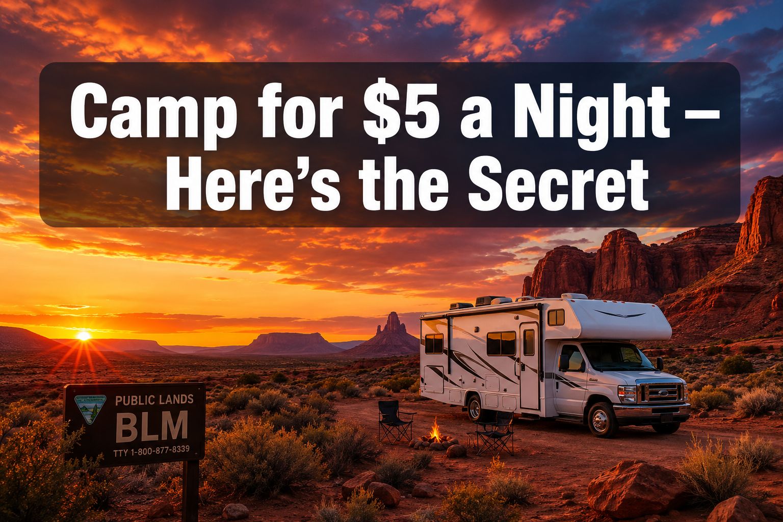 Professional () hero image with : 'Camp for $5 a Night — Here's the Secret' in extra large white with dark semi-transparent