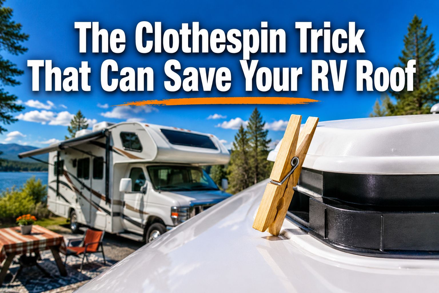 Professional () hero image with : 'The Clothespin Trick That Can Save Your RV Roof' in extra large white with dark drop ,