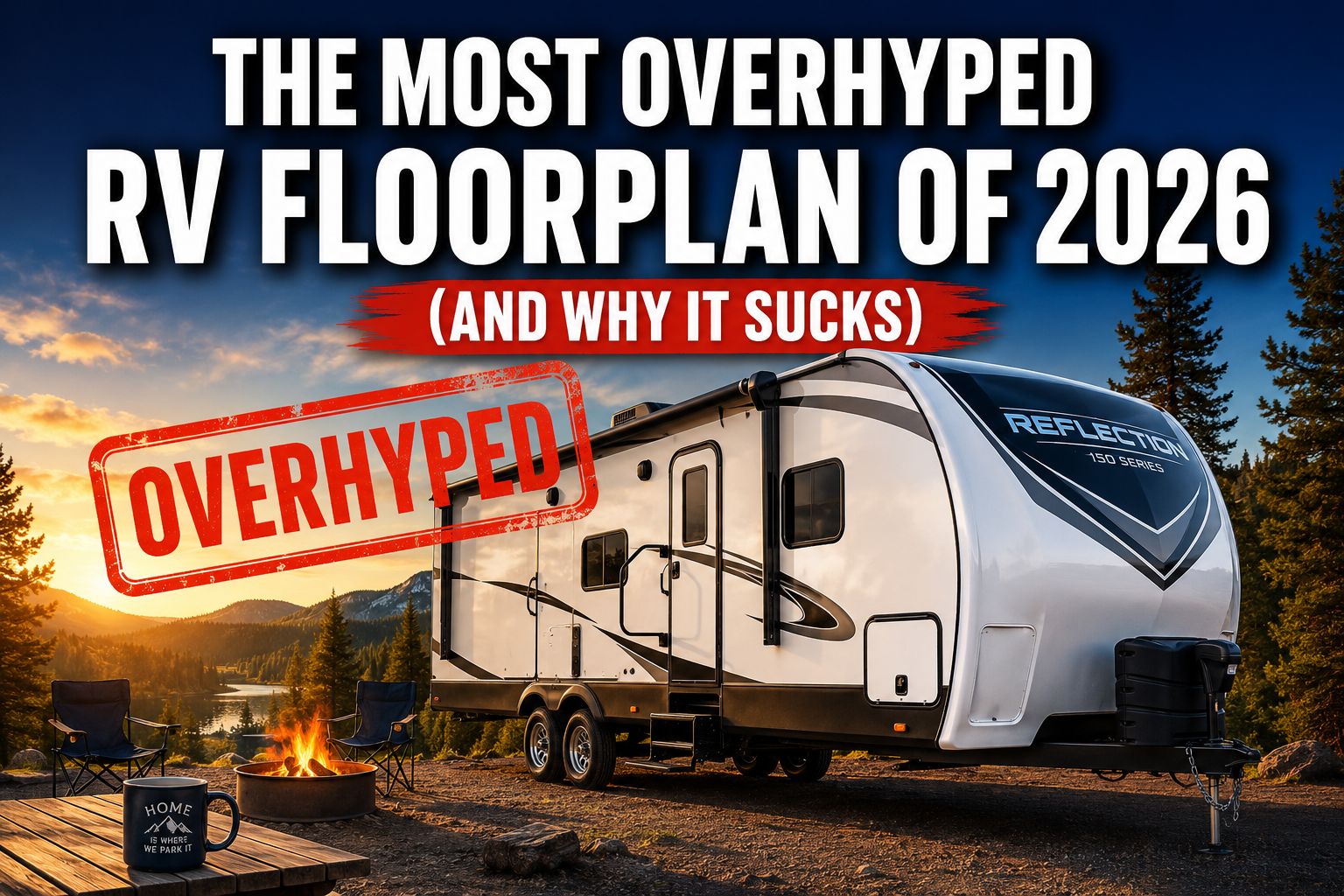 Professional () hero image with : 'The Most Overhyped RV Floorplan of 2026 (And Why It Sucks)' in extra large white with