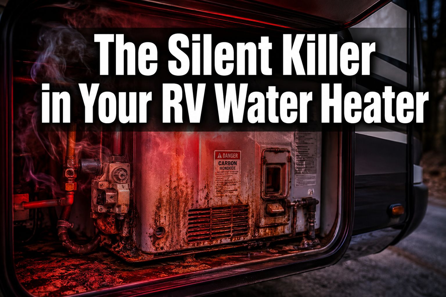 Professional () hero image with : 'The Silent Killer in Your RV Water Heater' in extra large white with dark drop , centered