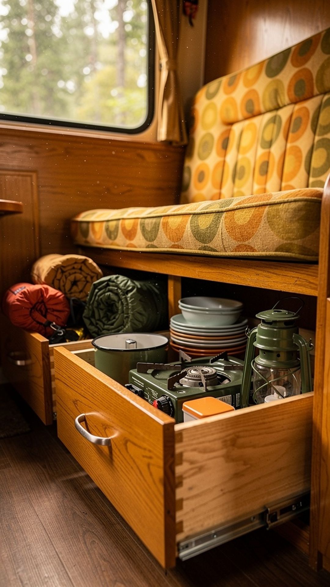 Under-bench storage drawers in vintage camper