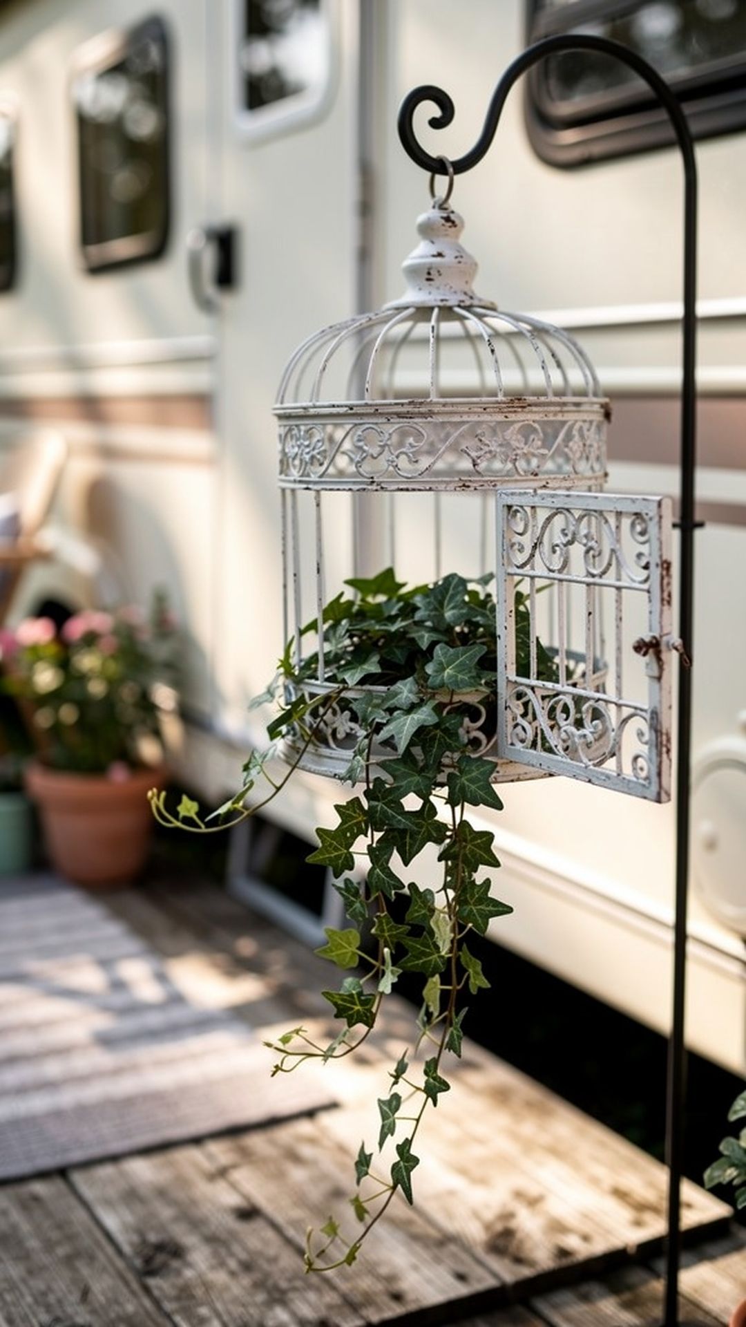 Distressed white birdcage with trailing ivy on shepherd's hook