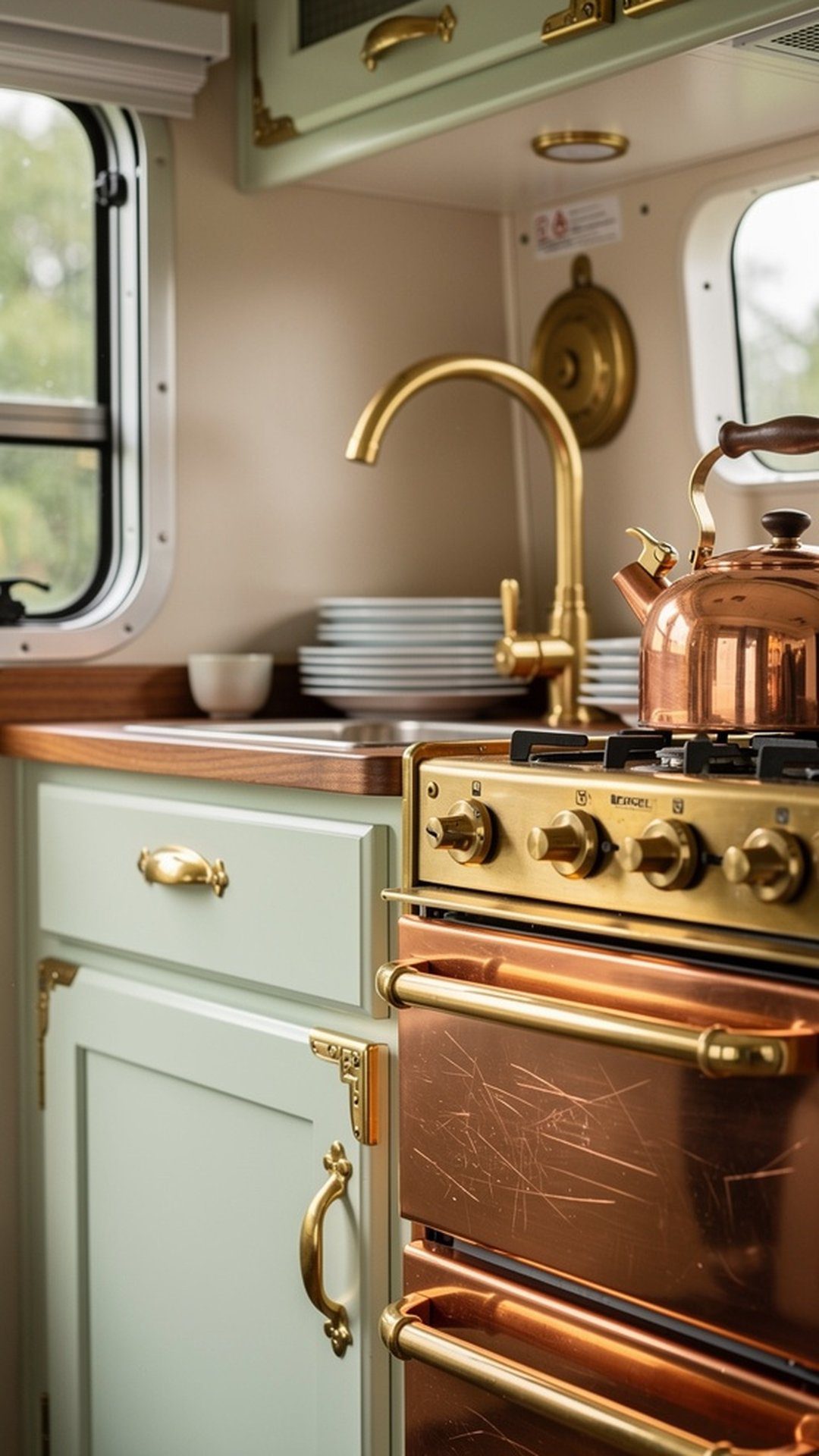 Vintage camper kitchen with elegant brass faucet and hardware