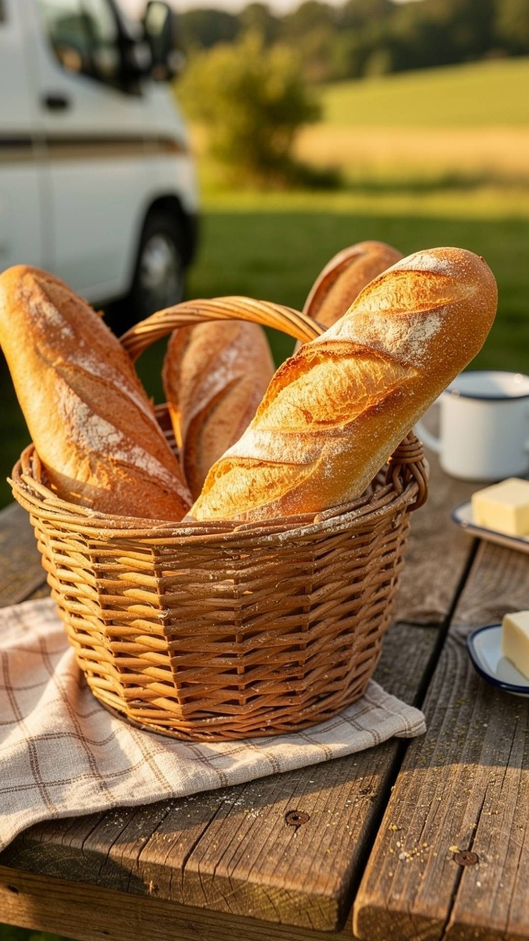 Woven willow bread basket with fresh baguettes on outdoor table