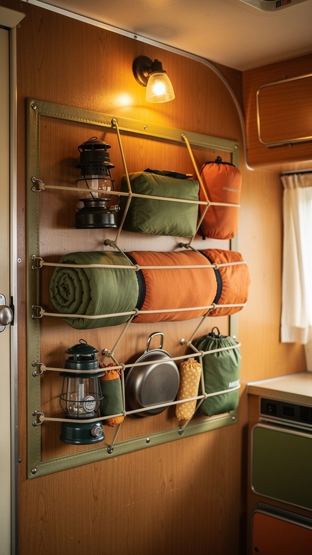 Bungee cord storage system on vintage camper wall