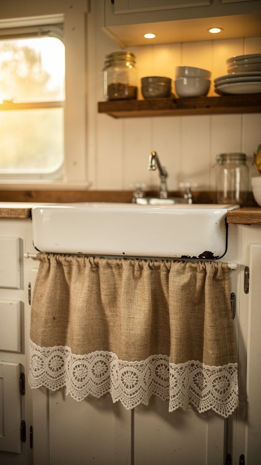 Burlap and lace sink skirt in farmhouse camper