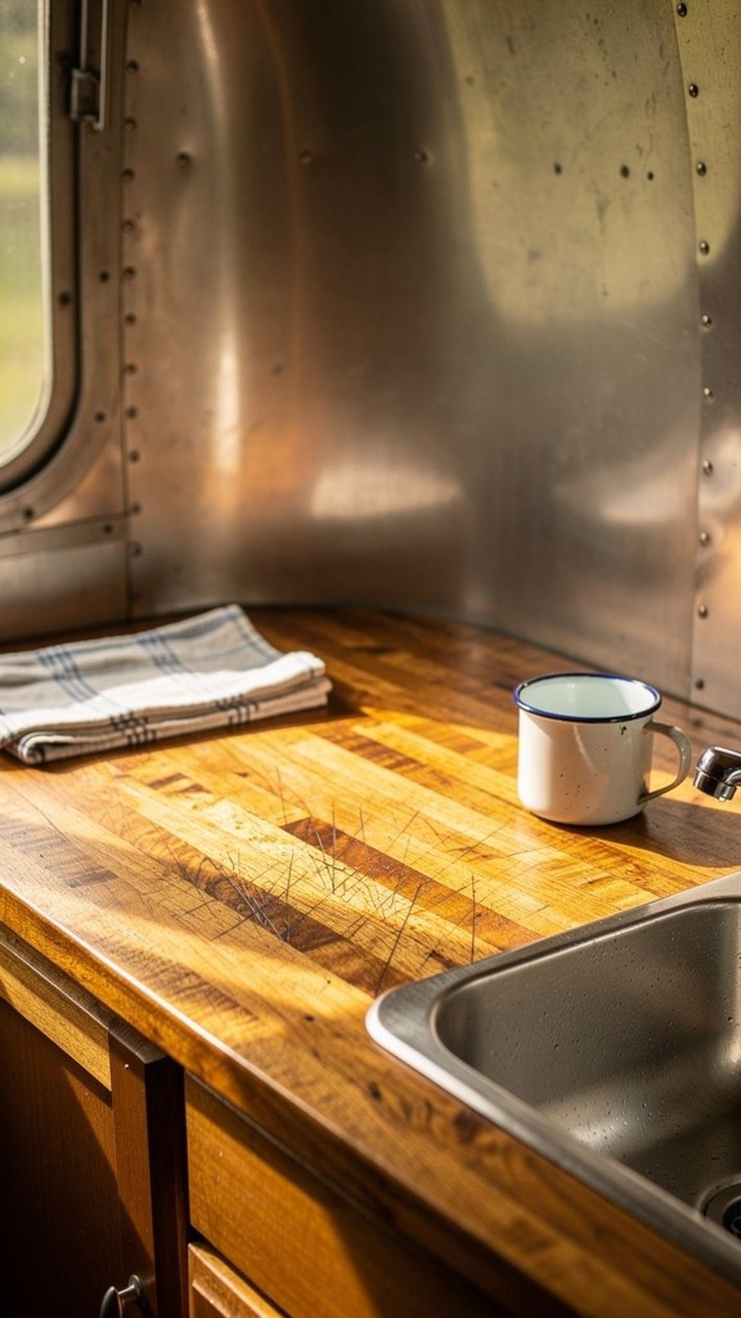 Vintage camper kitchen with warm butcher block countertops