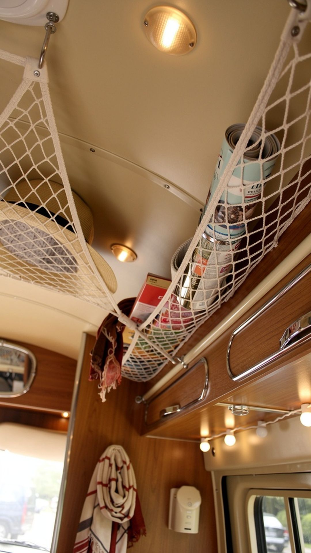 Overhead ceiling storage nets in vintage camper