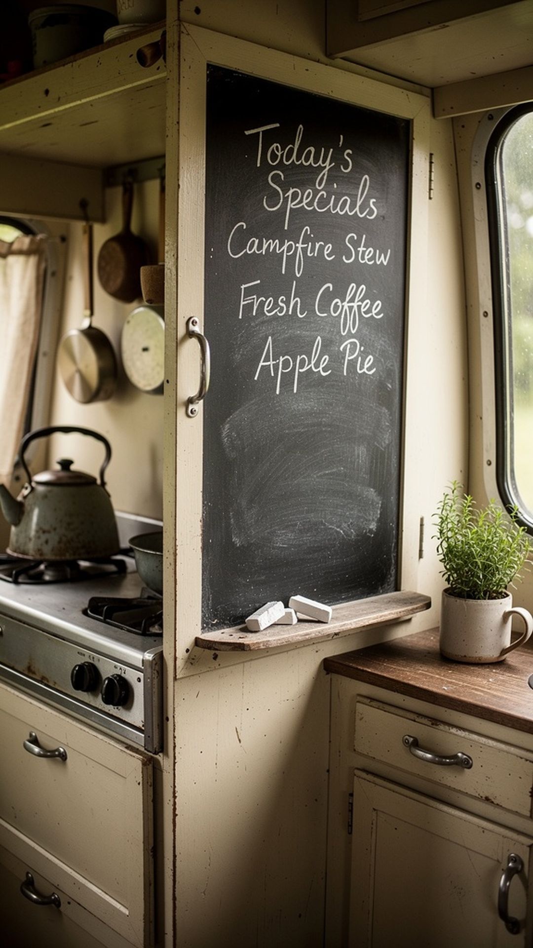 Vintage camper kitchen with chalkboard painted cabinet door