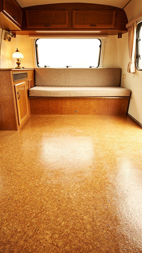 Cork flooring in vintage camper interior